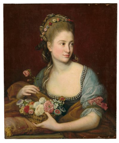 Flora olarak bir bayanın portresi, yarım uzunlukta, elinde hasır bir çiçek sepeti var. by Pompeo Girolamo Batoni