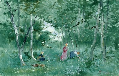 Ahşapta Çiçek Toplayan Zarif Bayanlar (kart üzerinde gövde rengi) by Pompeo Mariani