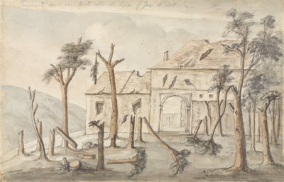 Hougoumont, 18 Haziran 1815, Temmuz 1815 Eyleminden bir ay sonra çizildi (kağıt üzerinde kalem ve tuvalet) by Ponsonby