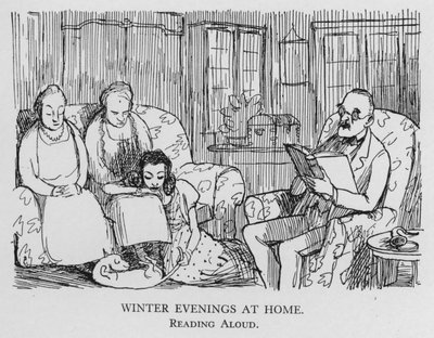 Winter evenings at home; reading aloud (litho) by Pont