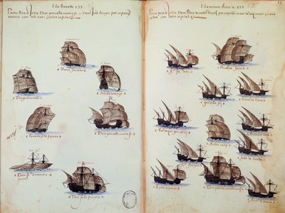 El yazması sayfası “” Portekiz donanmalarını temsil eden Kral I. Manuel (1469-1521) yönetimindeki Portekiz donanmasının anıtları”” by Portuguese School