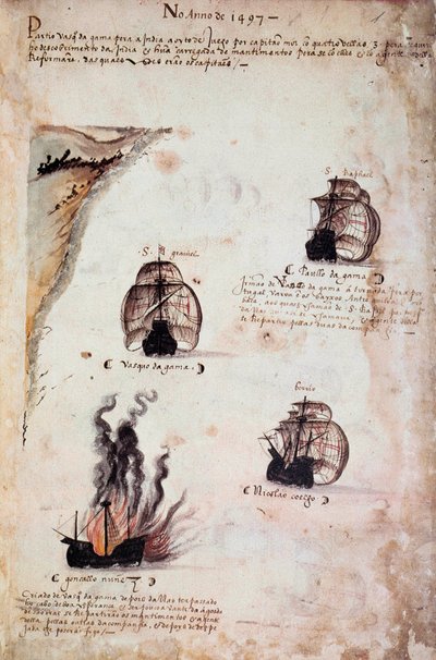 El yazması sayfası “” Kral I. Manuel (1469-1521) yönetimindeki Portekiz donanmasının anıtları””, 1497 yılının Portekiz filolarını temsil ediyor. 1523 B.N. Paris by Portuguese School