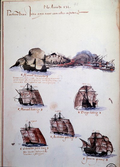 El yazması sayfası “” Kral I. Manuel (1469-1521) yönetimindeki Portekiz donanmalarının anıları”, 1497 yılı Portekiz filolarını temsil ediyor. 1500 Lizbon, Ulusal Antik Sanat Müzesi by Portuguese School