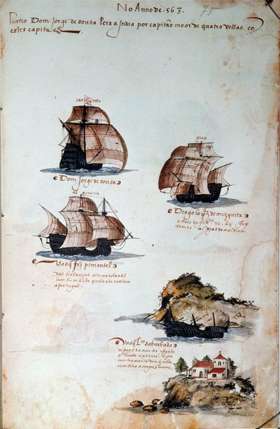 El yazması sayfası “” Kral I. Manuel (1469-1521) yönetimindeki Portekiz donanmalarının anıları”, 1497 yılı Portekiz filolarını temsil ediyor. 1500 Lizbon, Ulusal Antik Sanat Müzesi by Portuguese School