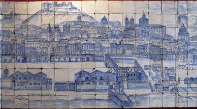 Panoramik Lizbon manzarası, 1755 depreminden önce - 18. yüzyılın başında Azulejos, Tentugal Kontlarının eski sarayının panel uyarısı, Lizbon (1755 depreminden önce Büyük Lizbon panoraması, 18. yüzyılın başlarında fayans, antik saray by Portuguese School