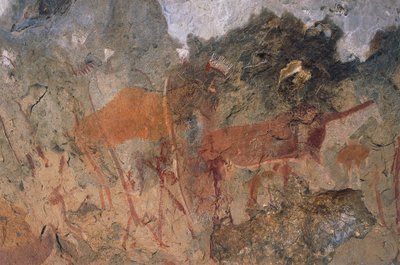İnsan ve hayvan figürleri, bushmen veya san mağara resimleri, Maloti-Drakensberg Parkı (Unesco Dünya Mirası Listesi, 2000), Lesoto by Prehistoric Prehistoric