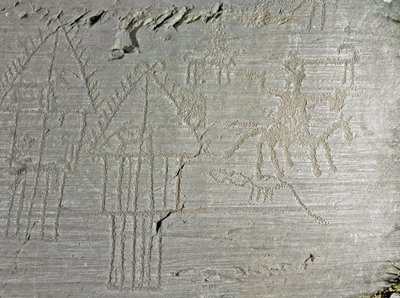 Tarihöncesi, Camunni uygarlığı, kaya sanatı: bir köydeki günlük yaşam sahnelerinin mezar kayası, ayaklıklar üzerinde kulübe, göl evleri, köpekler, kuşlar, geyikler ve at sırtındaki adam. Neolitik ve Tunç Çağı arasındaki dönem. Roche. 35 Capo di Ponte, Parc by Prehistoric Prehistoric