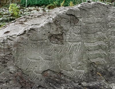 Tarih öncesi, kaya sanatı: geyik, sığır temsillerinin mezar kayası. Bakır çağı. Eneolitik dönem (kalkolitik). Roche no. 1. Cemmo (Brescia) Ulusal Arkeoloji Parkı, Cemmo Kayaları, İtalya by Prehistoric Prehistoric
