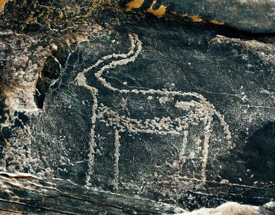Tarih öncesi, kaya sanatı: bir antilop temsilinin mezar taşı. Taş Devri 5000-2000 M.Ö. Taghit, Haut plato du Hoggar (Ahaggar), Cezayir by Prehistoric Prehistoric