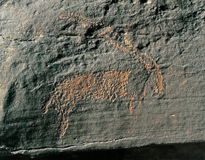 Tarih öncesi, kaya sanatı: bir antilop temsilinin mezar taşı. Taş Devri 5000-2000 M.Ö. Taghit, Haut plato du Hoggar (Ahaggar), Cezayir by Prehistoric Prehistoric