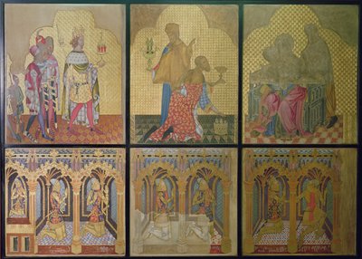 Aslen Aziz Stephen Şapeli'nde bulunan ve alt sırada LR'yi tasvir eden bir duvar resminin rekonstrüksiyonu: Thomas Woodstock (1355-97), Edmund Langley, John of Gaunt (1340-99), Lionel (1338-68), Edward, The Black Prince ( 1330-76) ve Aziz George by Professor Ernest Tristram