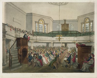 John Bluck (fl.1791-1831), 1809 (aquatint) tarafından oyulmuş 'Ackermann's Microcosm of London'dan Magdalen Şapeli by Pugin and Rowlandson