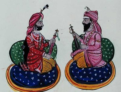 Maharaja Kharak Singh ve Maharaja Nau Nihal Singh, 1890 dolayları (kağıt üzerine suluboya) by Punjabi School