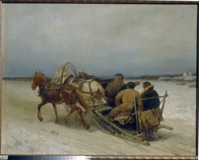 Kışın Troyka. (Üç at tarafından çekilen geleneksel Rus otostopu). Pyotr (Piotr) Petrovich Sokolov