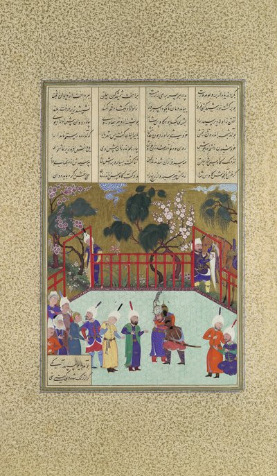 Kai Kavus ve Rüstem Kucaklama, Şahname Krallar Kitabı'ndan Folio 123r..., yakl. 1525-30. by Qadimi