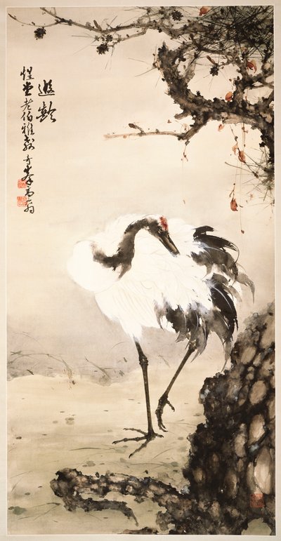 Çam Ağacı Altında Vinç (kağıt üzerine asılı kaydırma, mürekkep ve renk) by Qifeng Gao