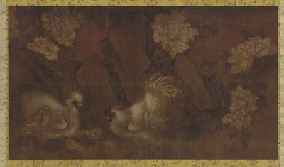 Şakayık çalılarının yakınında horoz, tavuk ve tavuklar (ipek panel üzerinde mürekkep ve renk) by Qing Dynasty Chinese School