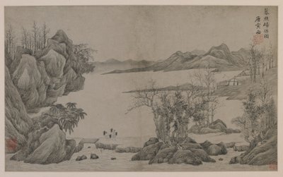 Nehir manzarası ve odun toplayıcılar (kağıt üzerine mürekkep) by Qing Dynasty Chinese School