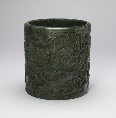 Dağlık Bir Peyzajda Bilginler ve Görevlilerle Çalılık (oyma süslemeli yeşim taşı) by Qing Dynasty Chinese School