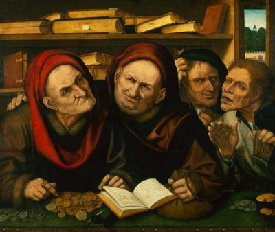 İki Vergi Tahsildarının Ofisindeki Köylüler (panelde yağ) by Quentin (workshop of) Massys or Metsys