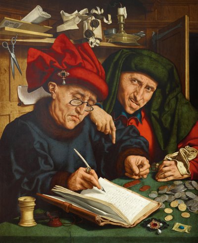 Vergi tahsildarları. (Vergi Tahsildarları) Quentin Metsys (veya Quinten Matsys) (1466-1530), ahşap üzerine yağlı boya, yaklaşık 1520. Flaman ilkel sanatı by Quentin Massys or Metsys