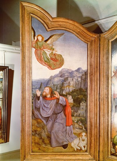 The Holy Kinship, or the Altarpiece of St. Anne, detail of the left panel depicting the Annunciation to Joachim, 1509  by Quentin Massys or Metsys