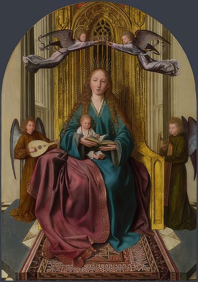 Madonna, çocuk ve dört melekle tahta çıktı. 1506-09 civarı by Quinten Massys