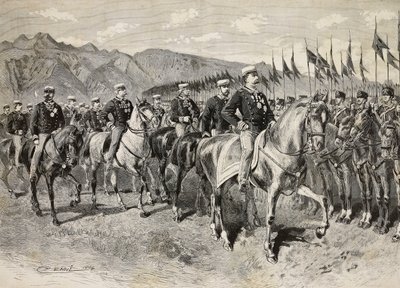 Kral Umberto I Floransa mızraklılarını teftiş ediyor, arkasında General Martin di Montu ile, 28 Eylül, Pordenone, İtalya