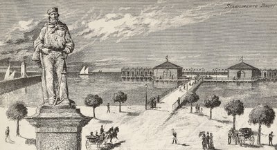 Giuseppe Garibaldi (1807-1882), İtalyan politikacı ve vatansever anısına anıt ve arka planda banyo tesisi, Cesenatico, İtalya by Quinto Cenni