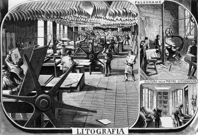 Treves kardeşlerin ofisleri, litografi departmanı, Milano, İtalya, L