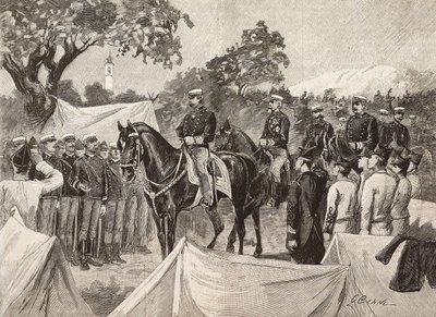 Umberto I (1844-1900), İtalya Kralı, bazı subaylarla birlikte askeri kampları ziyaret ederken, 11 Eylül by Quinto Cenni