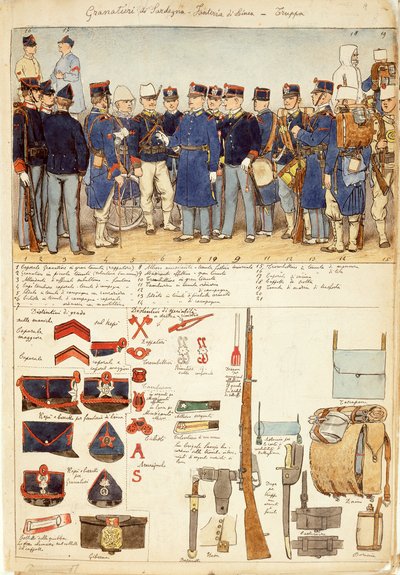 Sardunya Grenadiers üniformaları, hat piyadeleri, İtalya Krallığı birliği, Quinto Cenni tarafından renkli plaka by Quinto Cenni