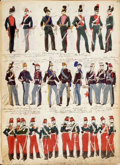 Quinto Cenni tarafından 1860 civarında ortak kullanımda olan çeşitli İtalyan üniformaları, renkli plaka by Quinto Cenni