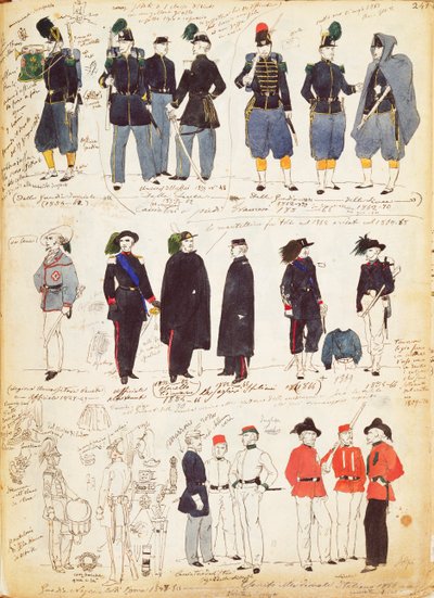 Quinto Cenni tarafından 1847 ve 1870 yılları arasında ortak kullanımda olan çeşitli İtalyan üniformaları, renkli plaka by Quinto Cenni