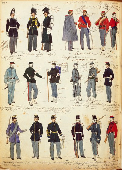 Quinto Cenni tarafından 1859 ve 1866 arasında ortak kullanımda olan çeşitli İtalyan üniformaları, renkli plaka by Quinto Cenni