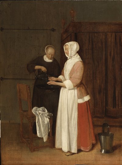 Une femme lave ses ana - Ellerini Yıkan Bir Kadın, Brekelenkam, Quiringh van (yaklaşık 1622-ca 1669). ahşap üzerine yağ by Quiringh Gerritsz. van Brekelenkam