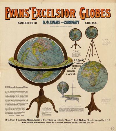 Küreler için reklam afişinde 5 kürenin temsili ve bazı açıklayıcı metinler bulunur by R. O. Evans And Company