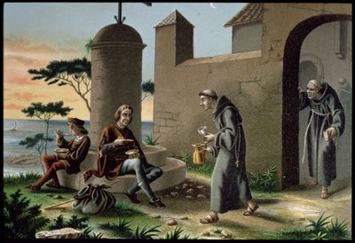 1878'de Barselona'da yayınlanan Amerika'nın Keşfi'nden Kristof Kolomb'un Oğluyla la Rabida Manastırı'na Gelişi (1451-1506) (renkli taş) by R. Puiggari