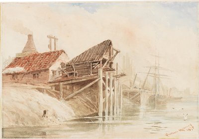 Wallsend yakınlarındaki Old Coal Shipping Staithes (karta yapıştırılan kağıt üzerinde kalem ve wc) by R. Sheriton Holmes