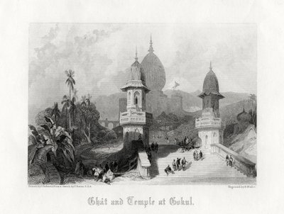 Ghat ve Temple at Gökul, Hindistan, c1838. by R. Wallis