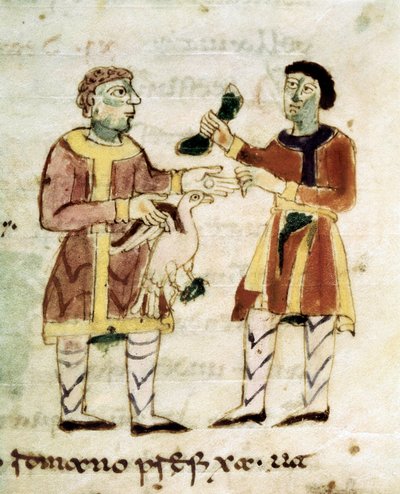 Tavuk tüccarı, "De Universo" (ou De rerum naturis (De la Nature des seçtikleri) adlı el yazmasından alınmıştır. by Rabanus Maurus or Mauro Rabano Magnentius