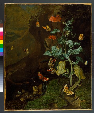1750'den önce bir vadide çiçekler, kelebekler ve kertenkele ile bir natürmort by Rachel Ruysch