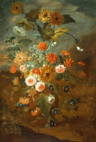 Kelebekler, Kurbağalar, Böcekler ile Vazoda Güller, Karanfiller, Ayçiçekleri (tuval üzerine yağlı boya) by Rachel Ruysch