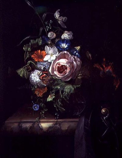 Cam Kasede Güller ve Diğer Çiçekler (tuval üzerine yağlı boya) by Rachel Ruysch