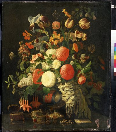 ""Çiçek Buketi"" (Çiçekler) Masanın üzerinde mücevher kutuları var. Rachel Ruysch (1664-1750) tarafından yapılan tablo 18. yüzyıl Mikhail Kroshitsky Sanat Müzesi, Sivastopol (Sivastopol) Ukrayna by Rachel Ruysh