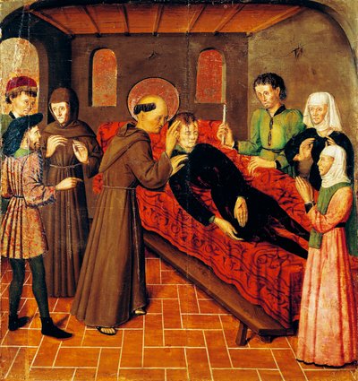 Yaralarından ölen adamın dirilişi, St Bernand Altarpiece'in sol yan panelinden detay, Rafael Tomas (aktif 1455-1479), Joan Figuera tarafından predella (1454'ten itibaren aktif-ölü 1477 veya 1479), tempera on panel, 398, 9x253 cm by Rafael & Figuera Joan (active c.1454 1477) Tomas