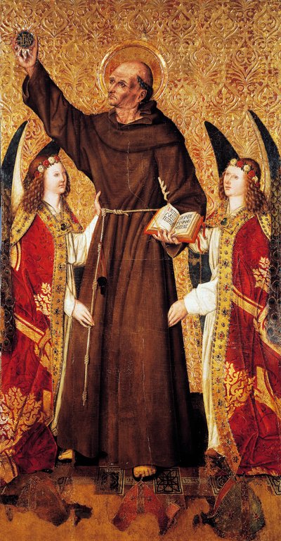 St Bernard and angels, St Bernard Altarpiece'in orta paneli, Rafael Tomas (aktif 1455-1479), Joan Figuera'nın predella'sı (1454-ölümü 1477 veya 1479'dan itibaren aktif), tempera on panel, 398, 9x253 cm by Rafael & Figuera Joan (active c.1454 1477) Tomas