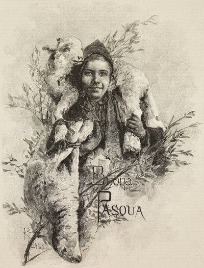 Mutlu Paskalyalar, omuzlarında kuzu olan genç adam, L'Illustrazione Italiana'dan Raffaele Faccioli'nin (1836-1914) tablosundan gravür, yıl 16, sayı 16, 21 Nisan by Raffaele Faccioli