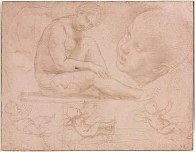 Oturan Kadın Çalışmaları, Çocuğun Başı ve Üç Bebek Çalışması, c. 1507-8. by Raffaello Sanzio Raphael