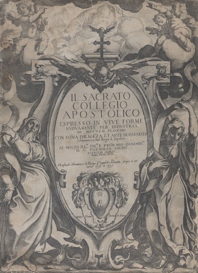 Cüzdanda parşömen tutan iki figür ve kartuşun yanında melekler bulunan cephe parçası..., 1606-07. by Raffaello Schiaminossi